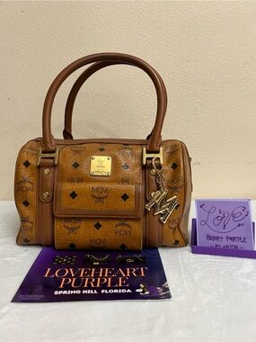 MCM Visetos Cognac Leather Boston Satchel